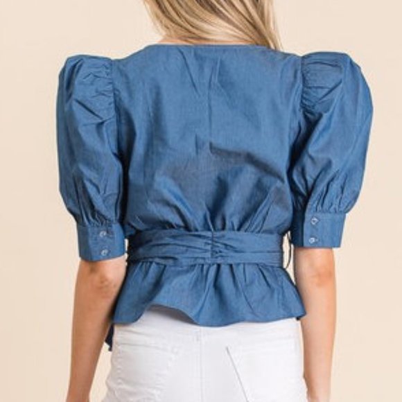Chambray Denim Puff Sleeve Faux Wrap Top Shirt - Picture 5 of 7